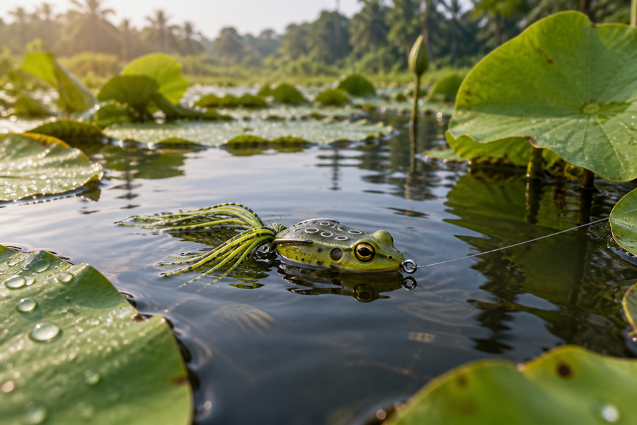 Illustration of a hollow-body frog lure beside lily pads