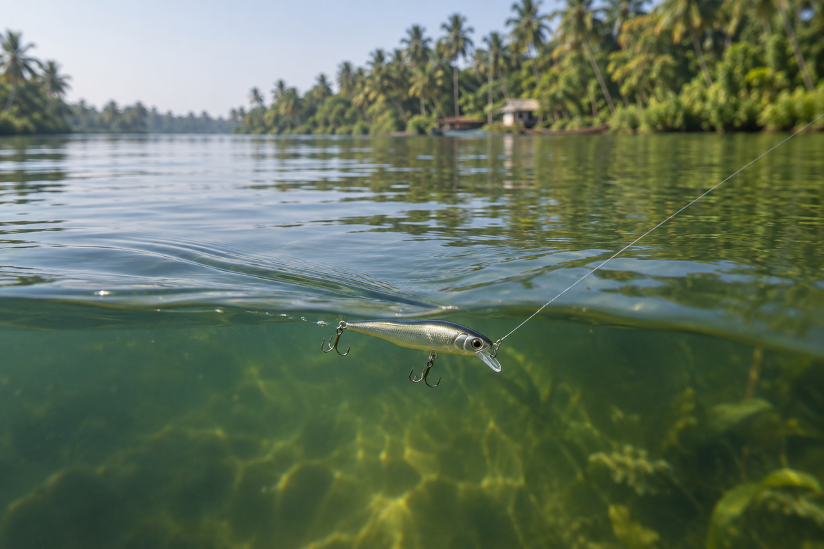 Illustration of a silver minnow fishing lure retrieved through clear backwater