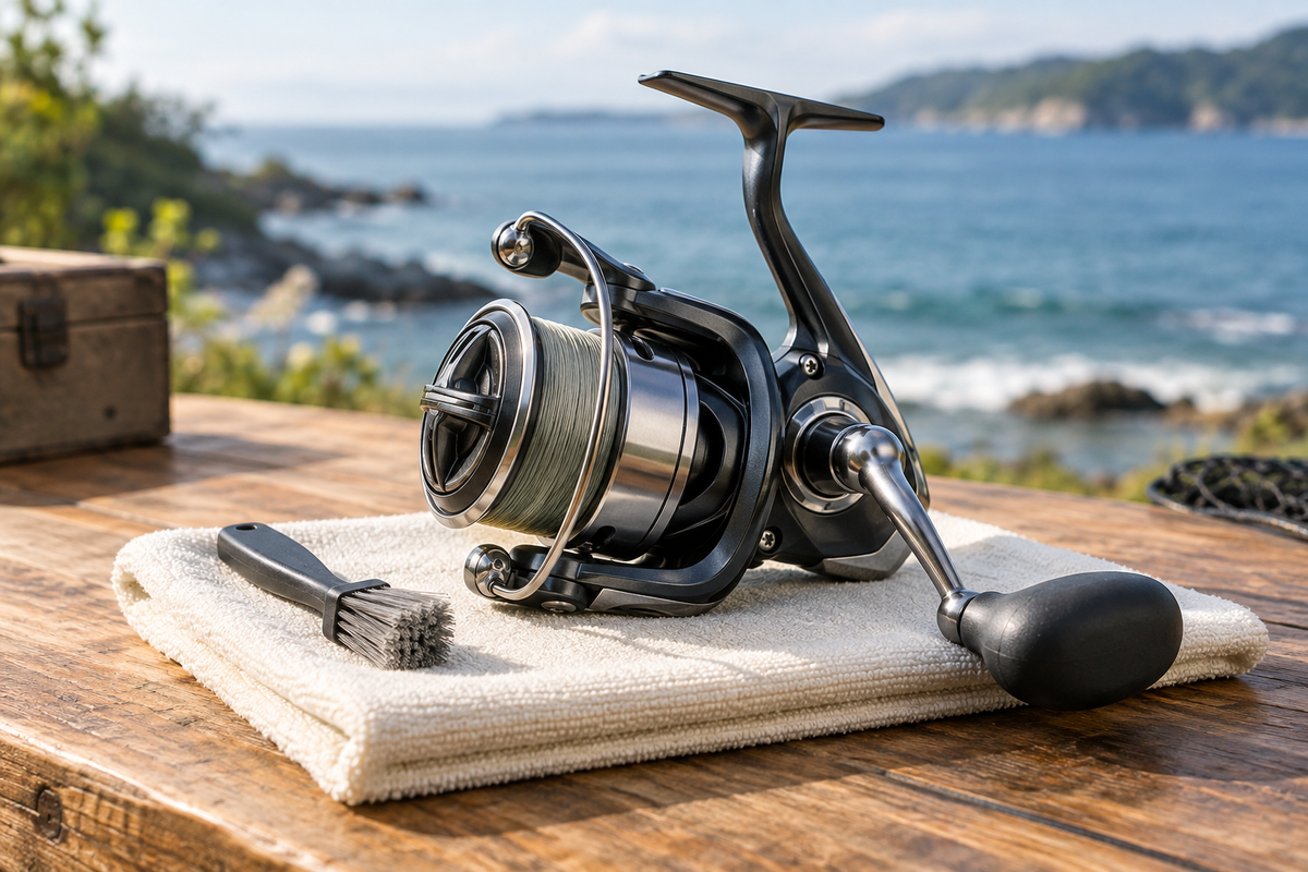 Illustration of a spinning reel on a microfiber cloth with a cleaning brush