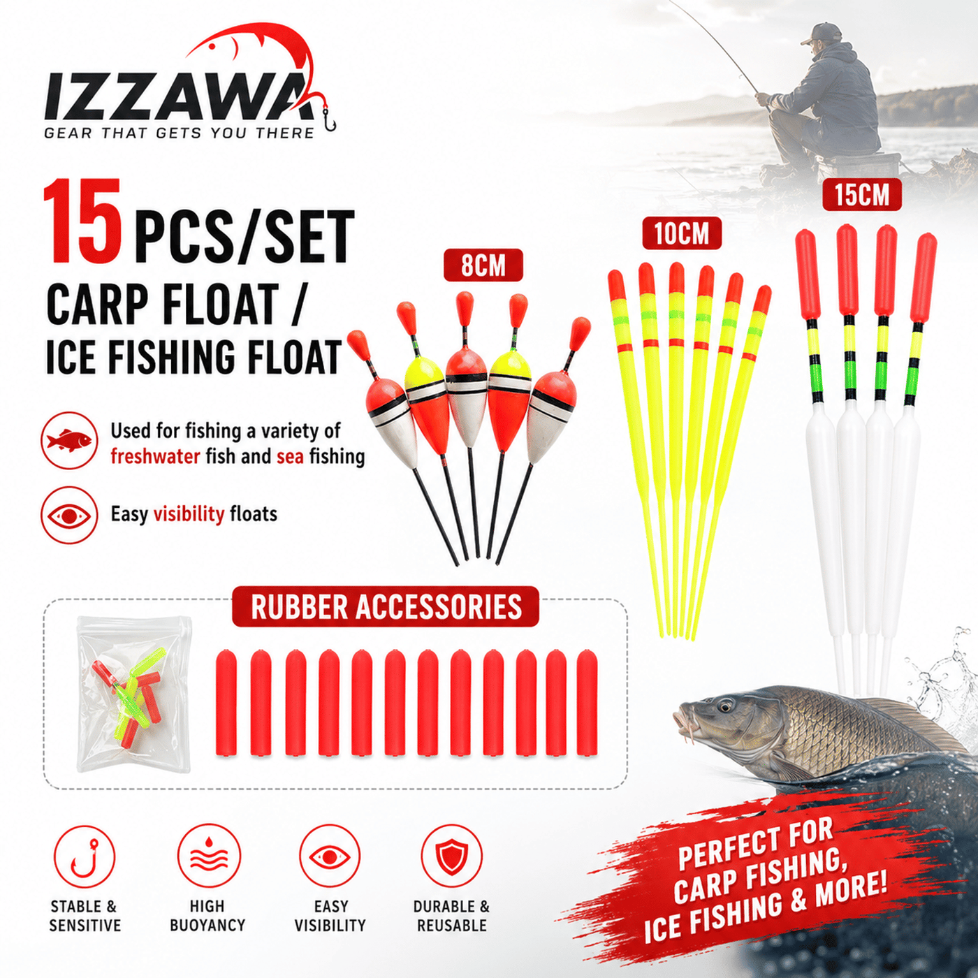 IZZAWA 15pcs/set Carp Float / Ice Fishing Float with Accessories Rubber