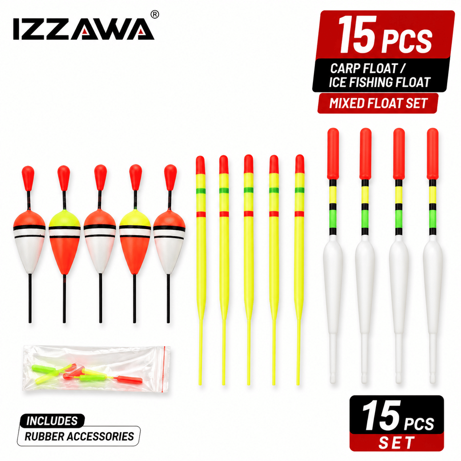 IZZAWA 15pcs/set Carp Float / Ice Fishing Float with Accessories Rubber