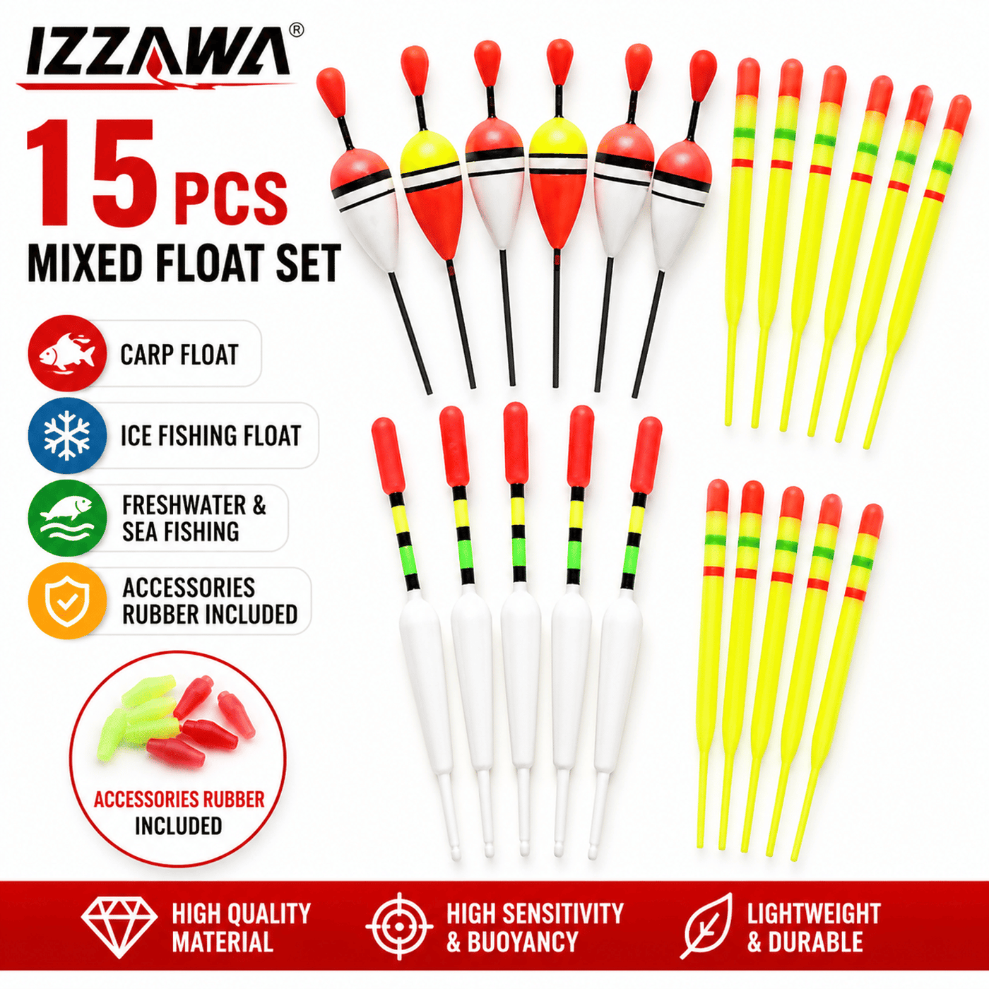 IZZAWA 15pcs/set Carp Float / Ice Fishing Float with Accessories Rubber