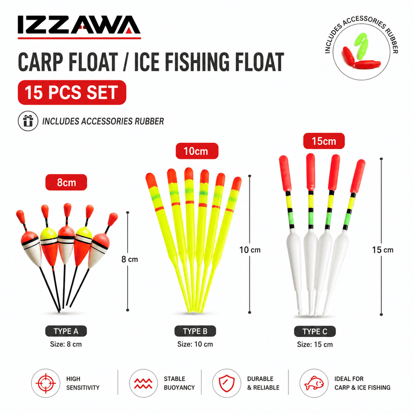 IZZAWA 15pcs/set Carp Float / Ice Fishing Float with Accessories Rubber