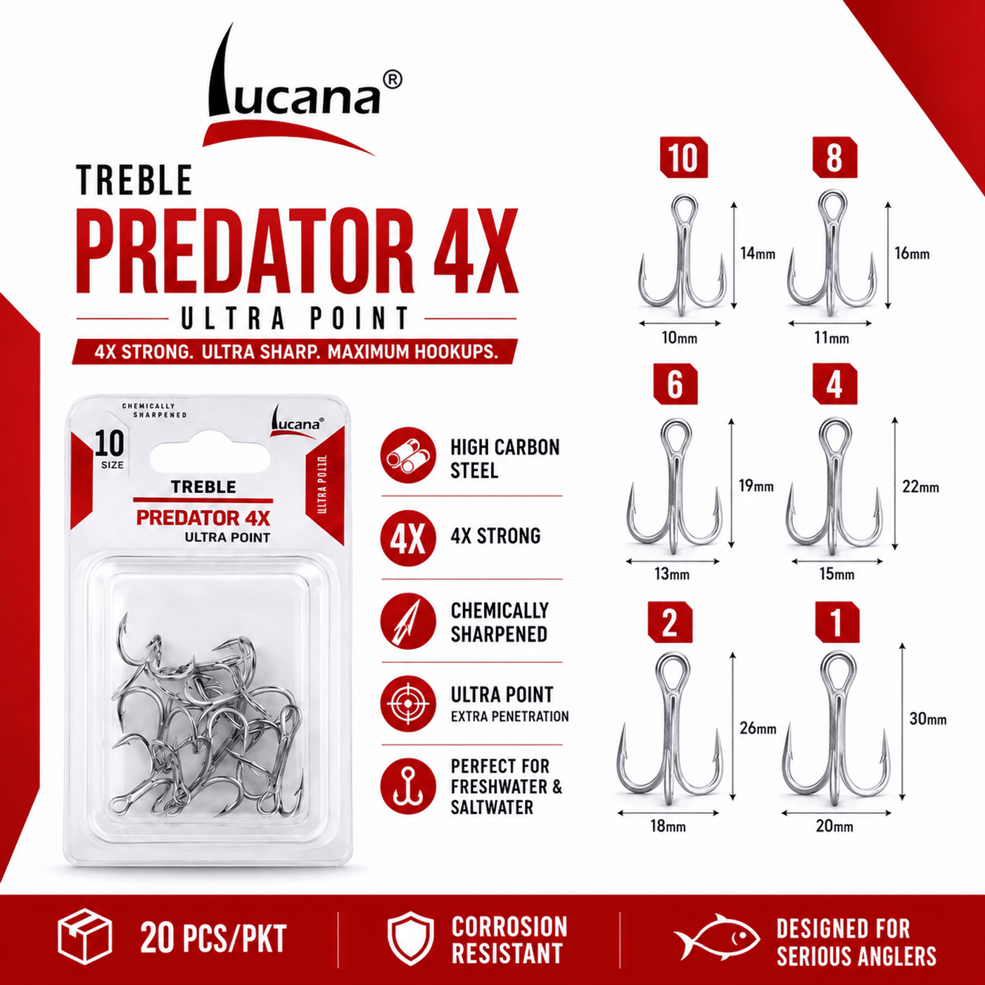 Lucana Treble Predator 4X Ultra Point Hook Size 10 | 20 pcs/pkt