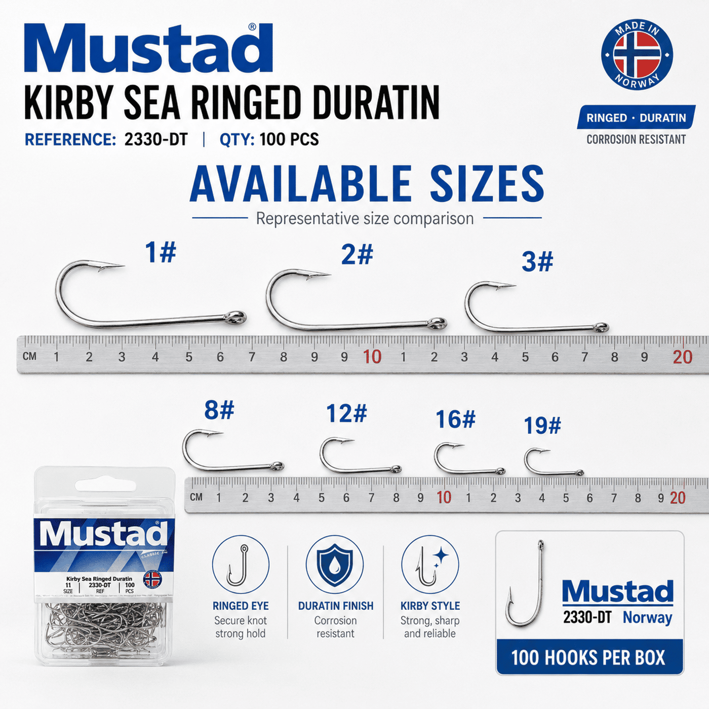 Mustad Kirby Sea Ringed Duratin Hook Box 2330-DT - 10-100 PCS as per size