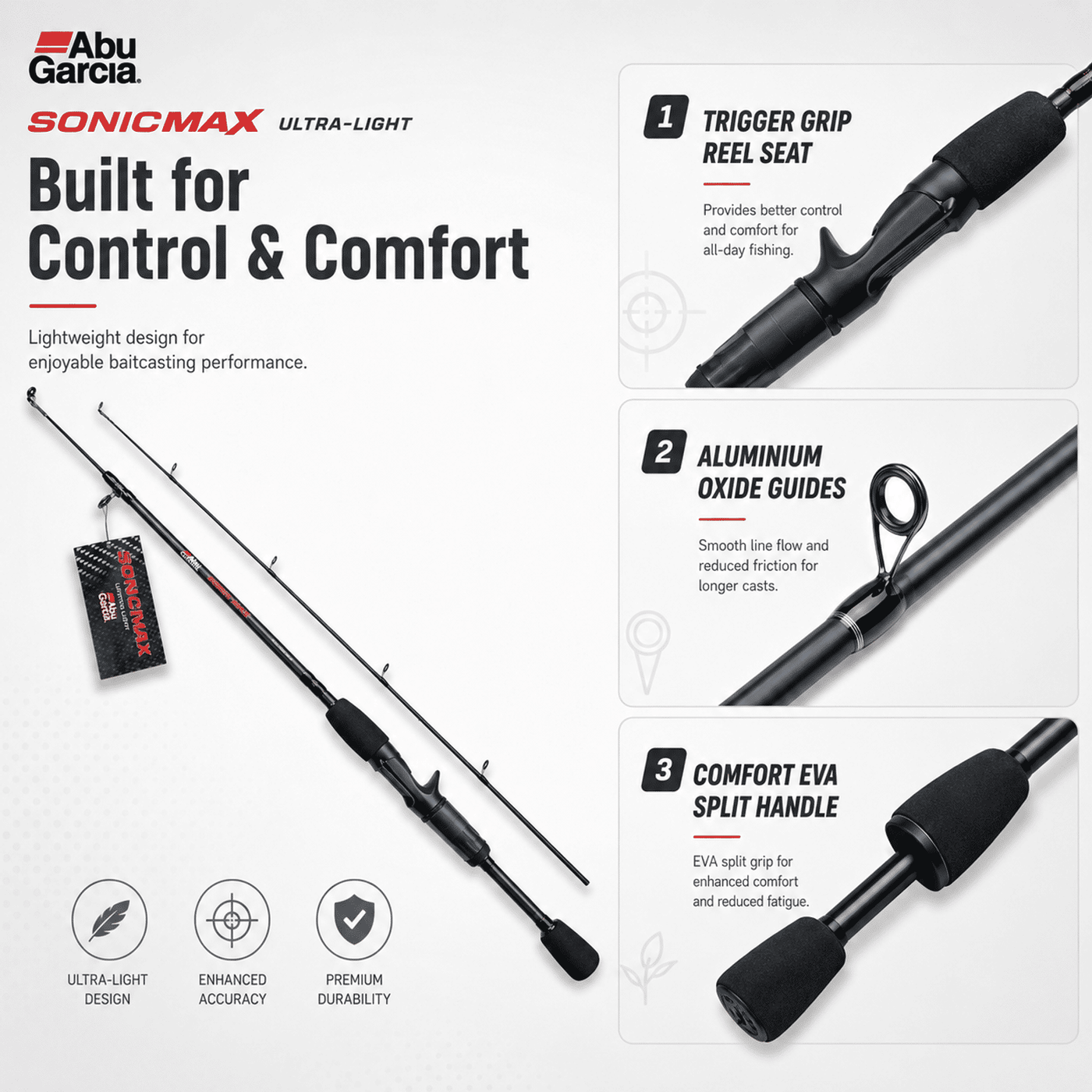 Abu Garcia Sonic Max Ultra-Light Baitcasting Rod 6 Ft Medium – 2 Piece Baitcasting Rod