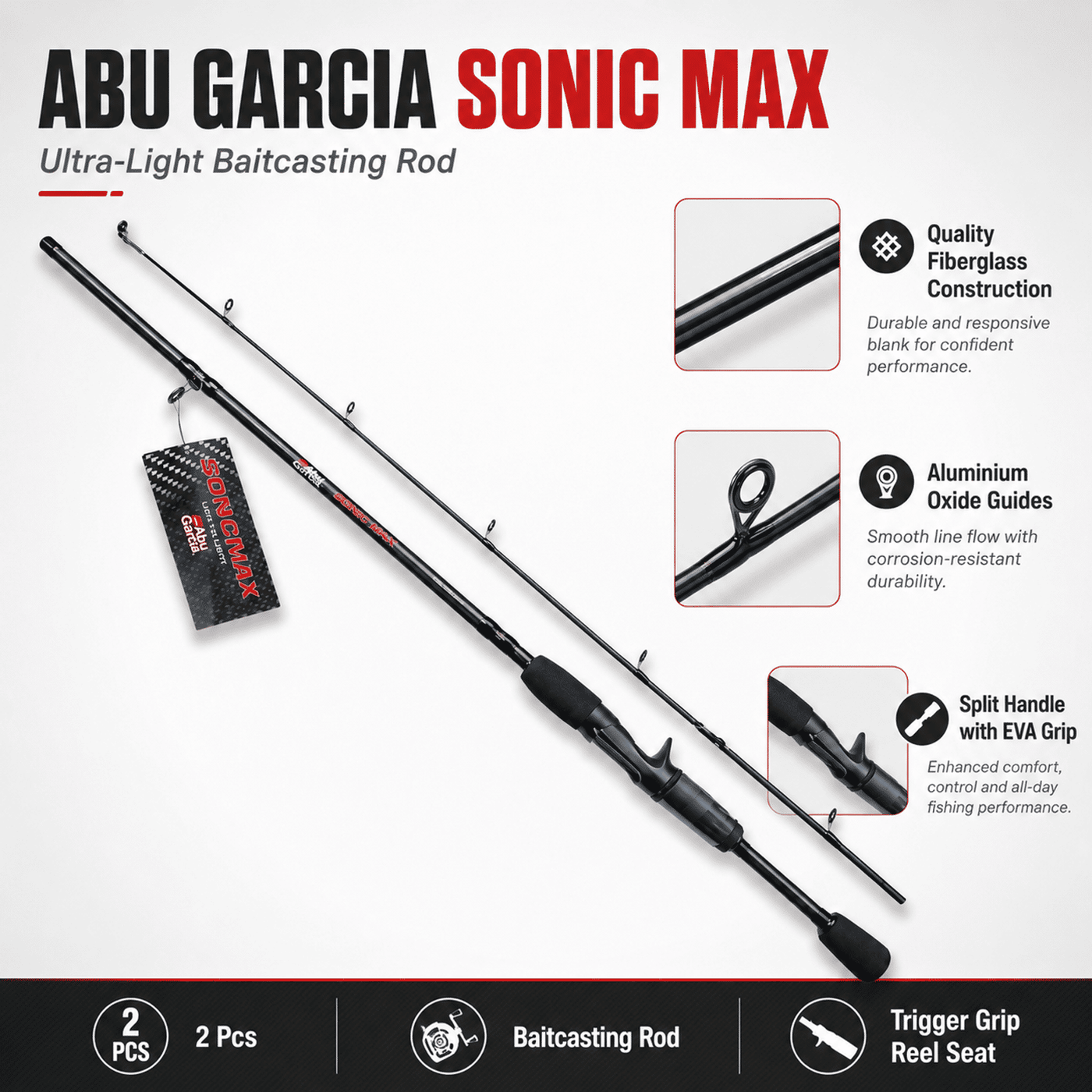 Abu Garcia Sonic Max Ultra-Light Baitcasting Rod 6 Ft Medium – 2 Piece Baitcasting Rod