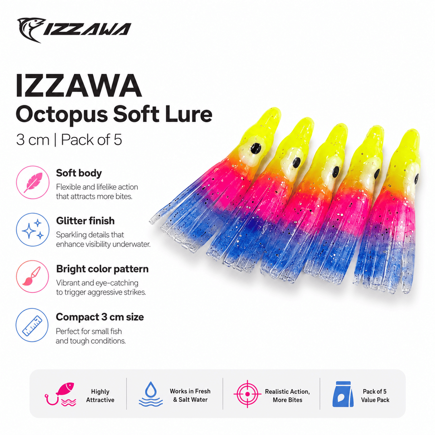 Izzawa Octopus Soft Lure 3cm - Yellow Pink Blue - Pack of 5