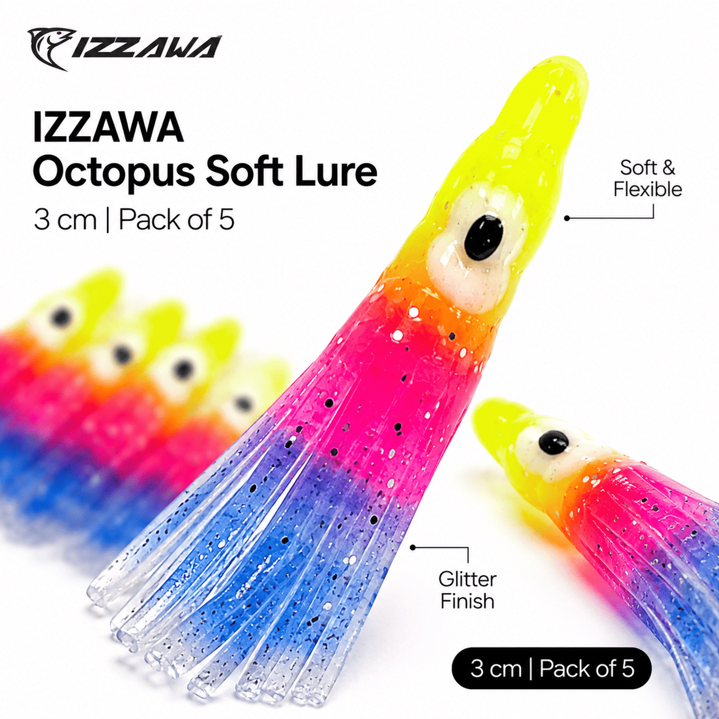 Izzawa Octopus Soft Lure 3cm - Yellow Pink Blue - Pack of 5