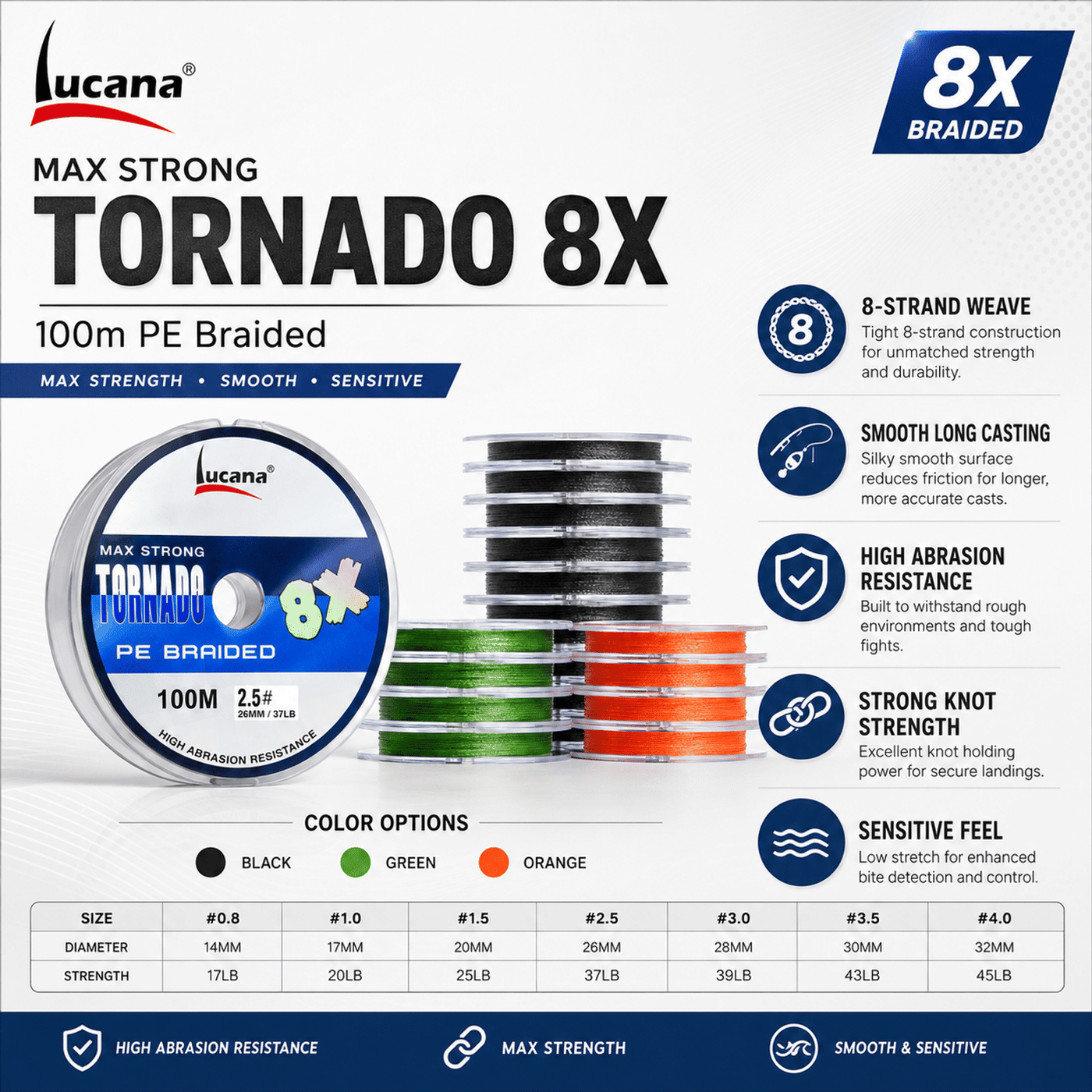 Lucana Tornado 8X PE Braided Fishing Line 100m