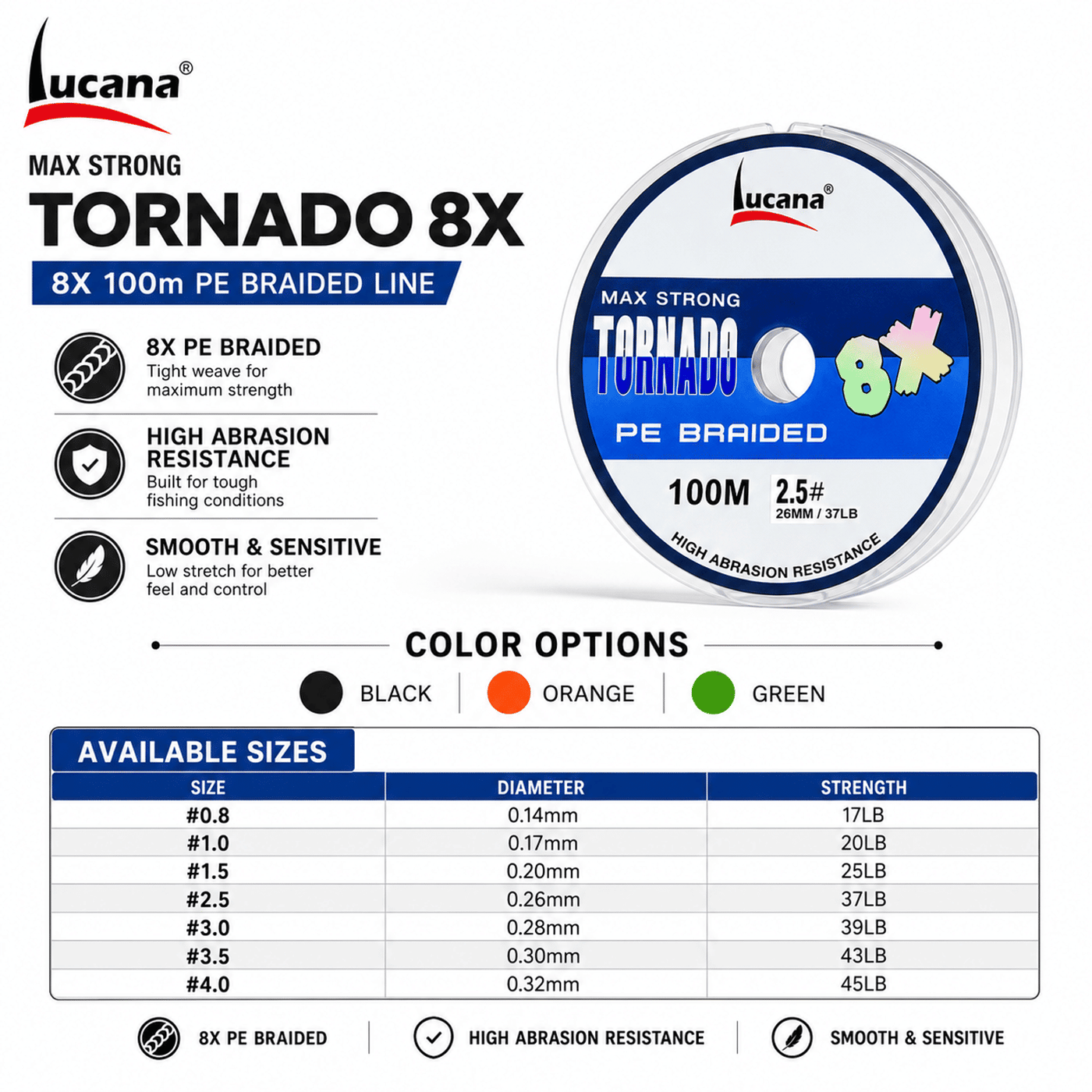 Lucana Tornado 8X PE Braided Fishing Line 100m