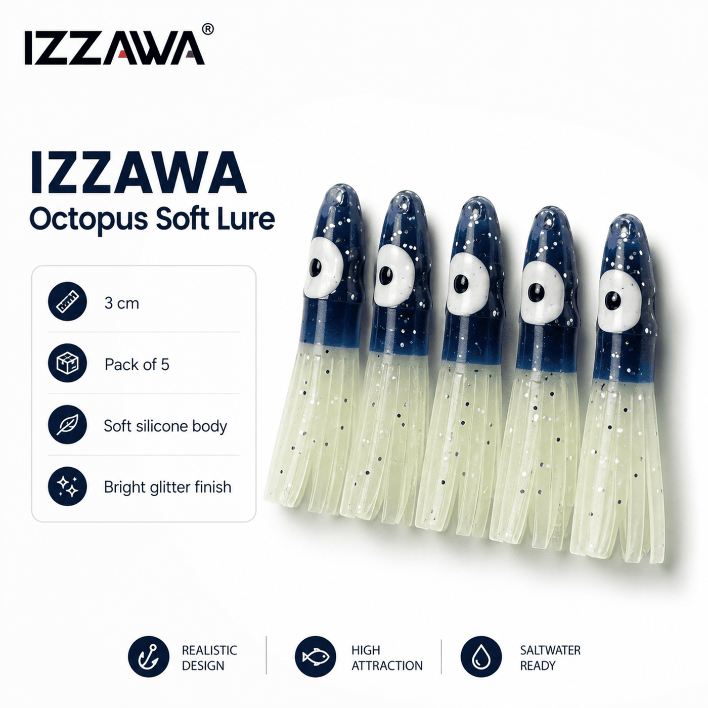 Izzawa Octopus Soft Lure 3cm - Blue Glow - Pack of 5