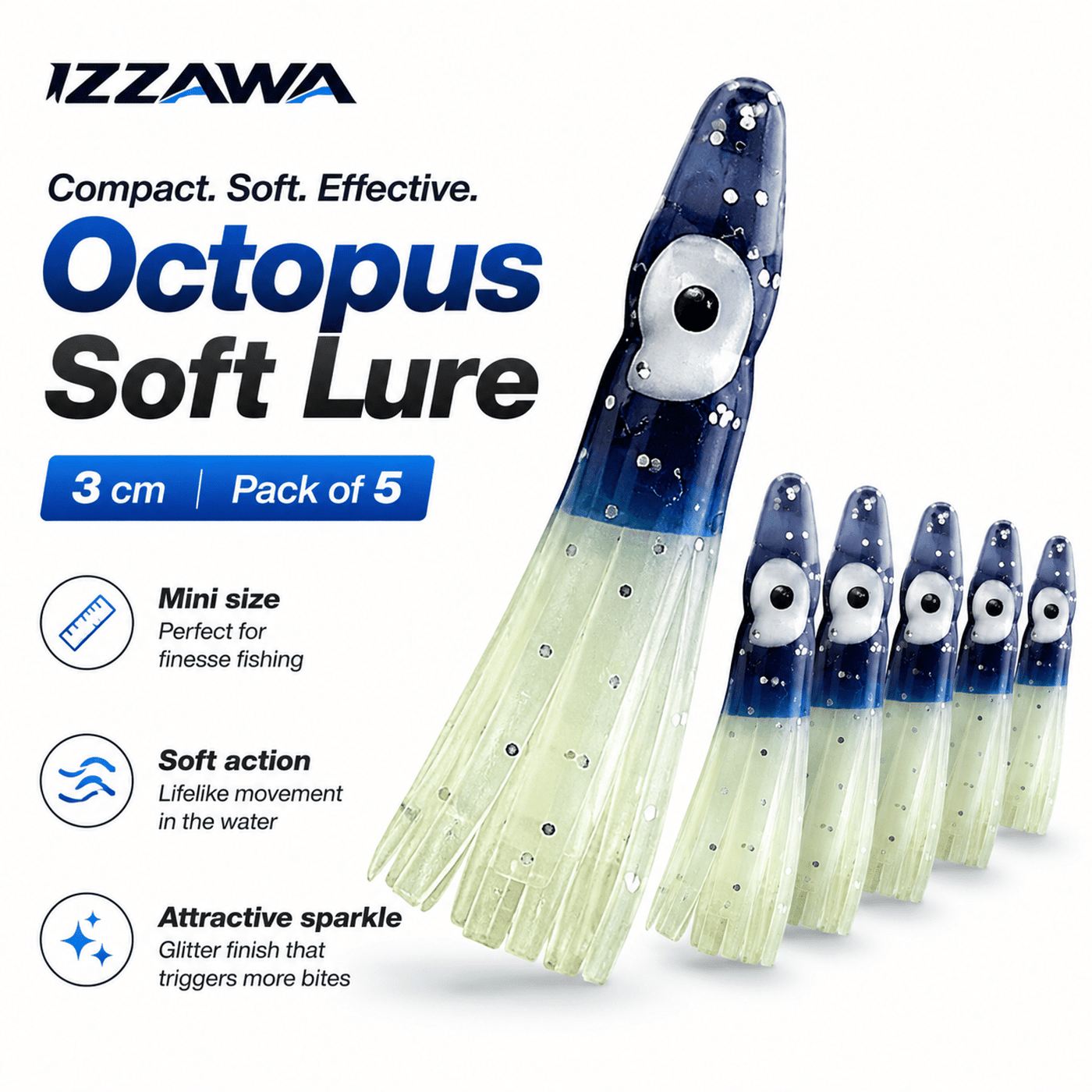 Izzawa Octopus Soft Lure 3cm - Blue Glow - Pack of 5