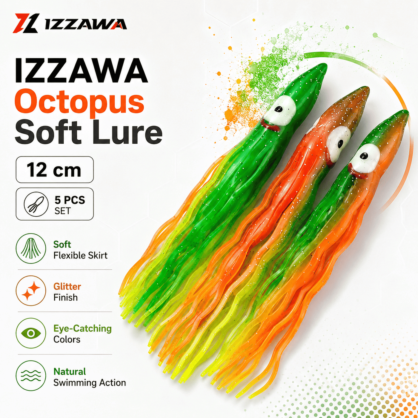 Izzawa Octopus Soft Lure 12cm - Orange Green Yellow - Pack of 5