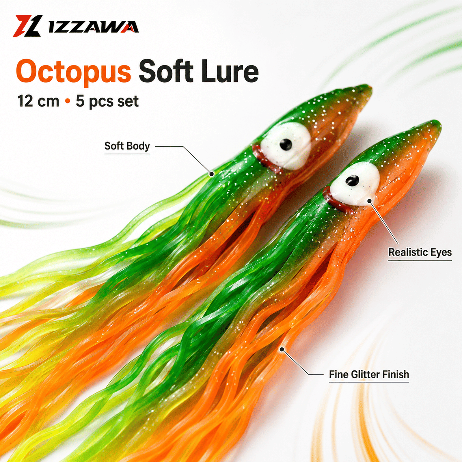 Izzawa Octopus Soft Lure 12cm - Orange Green Yellow - Pack of 5