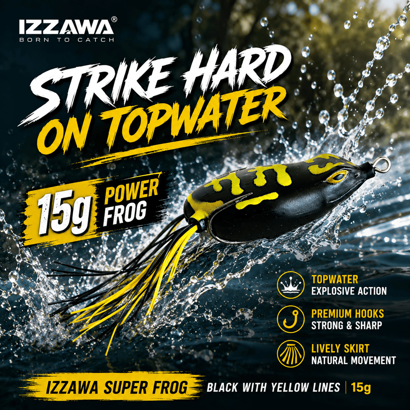 IZZAWA Super Frog Black with Yellow Lines Frog Lure 15g | Pack of 1