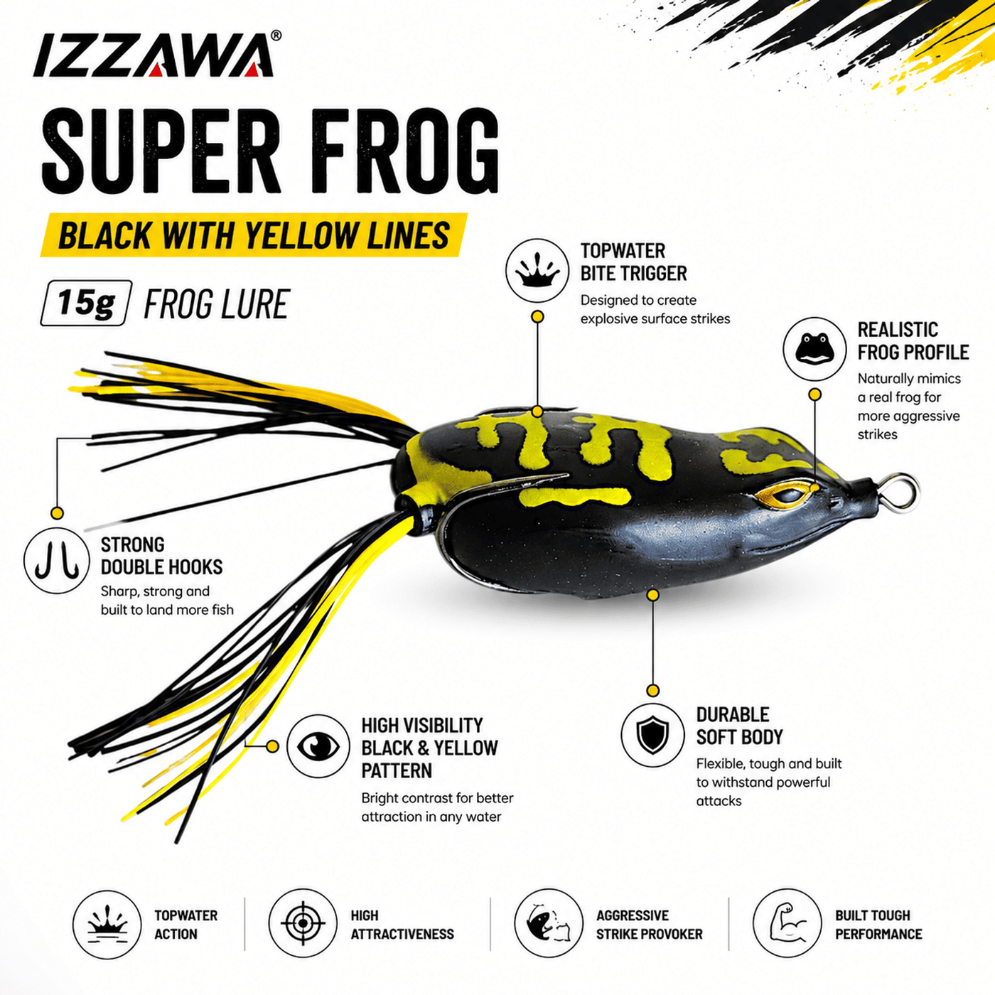 IZZAWA Super Frog Black with Yellow Lines Frog Lure 15g | Pack of 1
