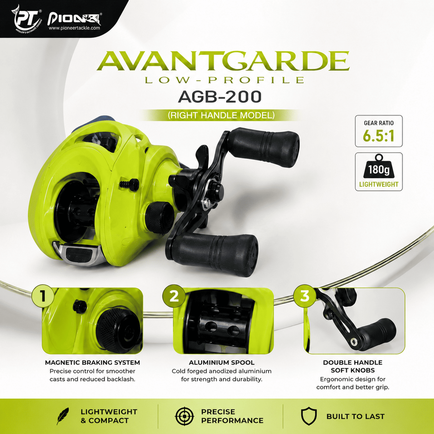 Pioneer Avantgarde AGB-200 Low Profile Baitcasting Reel | 6.5:1 Gear Ratio | 5kg Drag | 180g
