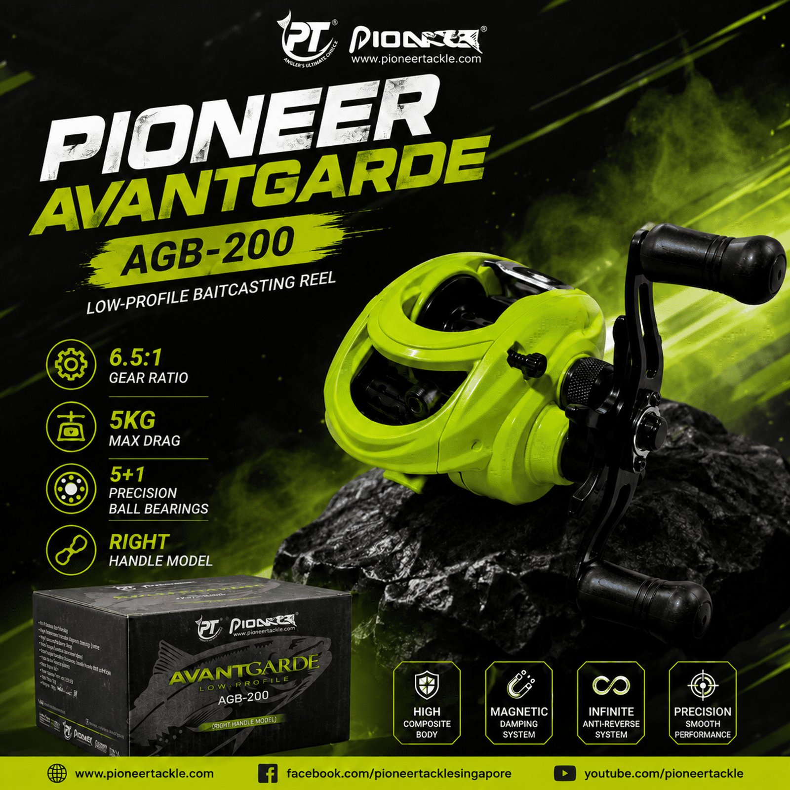Pioneer Avantgarde AGB-200 Low Profile Baitcasting Reel | 6.5:1 Gear Ratio | 5kg Drag | 180g