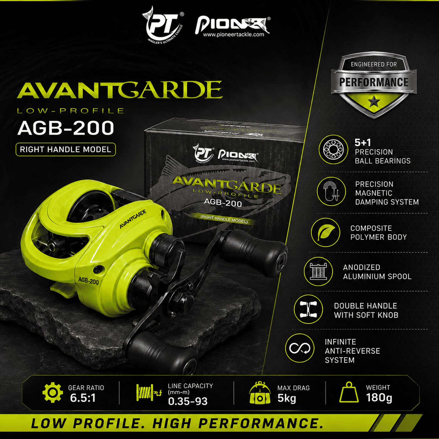 Pioneer Avantgarde AGB-200 Low Profile Baitcasting Reel | 6.5:1 Gear Ratio | 5kg Drag | 180g