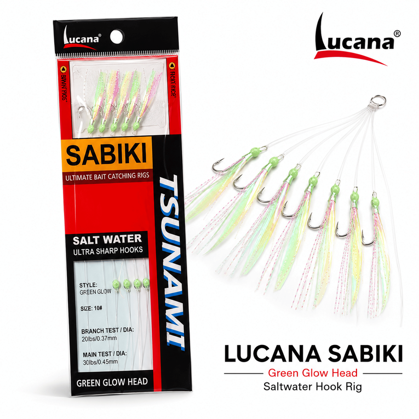 Lucana Tsunami Sabiki Shrimp Sabiki Saltwater Hook Rig #12 – Green Glow Head