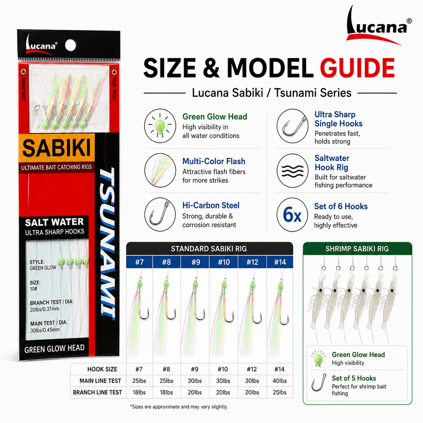 Lucana Tsunami Sabiki Shrimp Sabiki Saltwater Hook Rig #12 – Green Glow Head