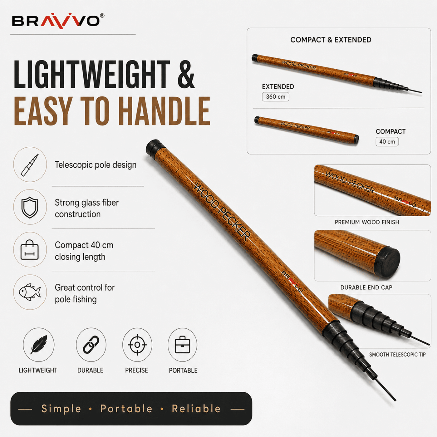 Bravvo Wood Pecker Pole Rod 12ft / 360 – Lightweight Telescopic Pole Rod India