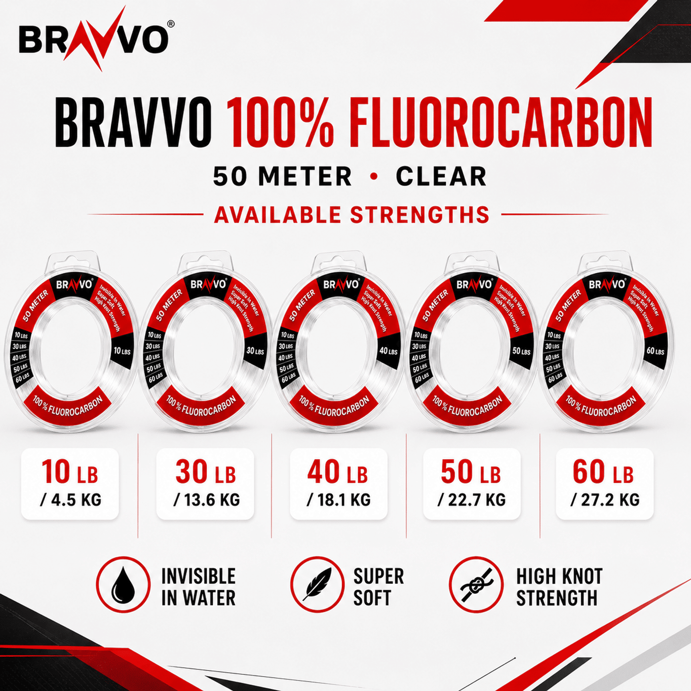 Bravvo 100% Fluorocarbon Fishing Line 50 Meter