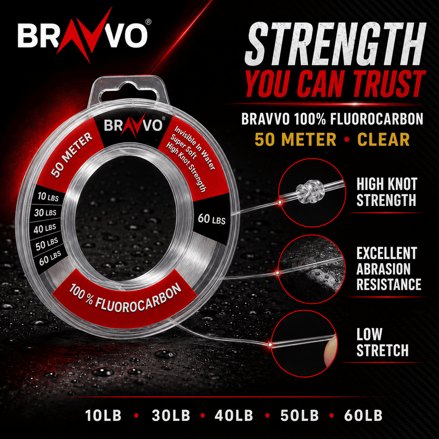 Bravvo 100% Fluorocarbon Fishing Line 50 Meter