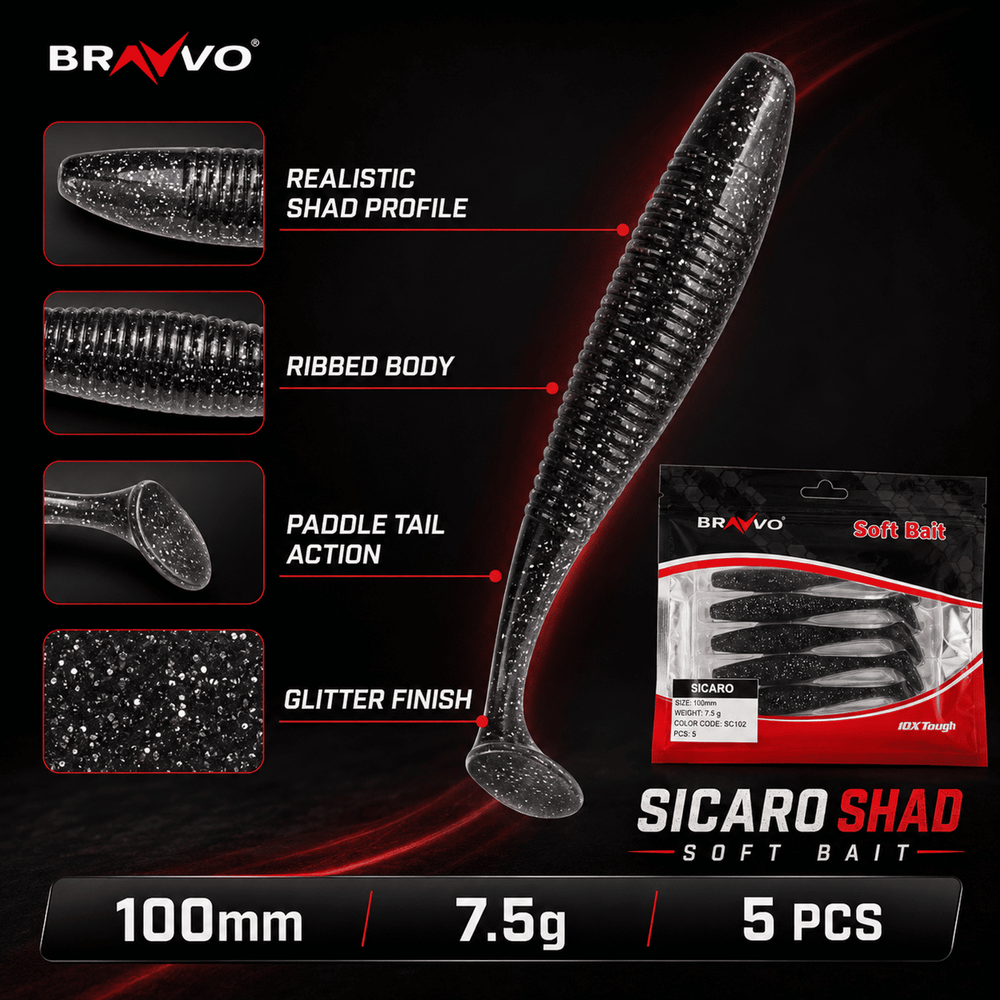 Bravvo Sicaro Shad 100mm 7.5g - Black Silver Glitter - Single Piece