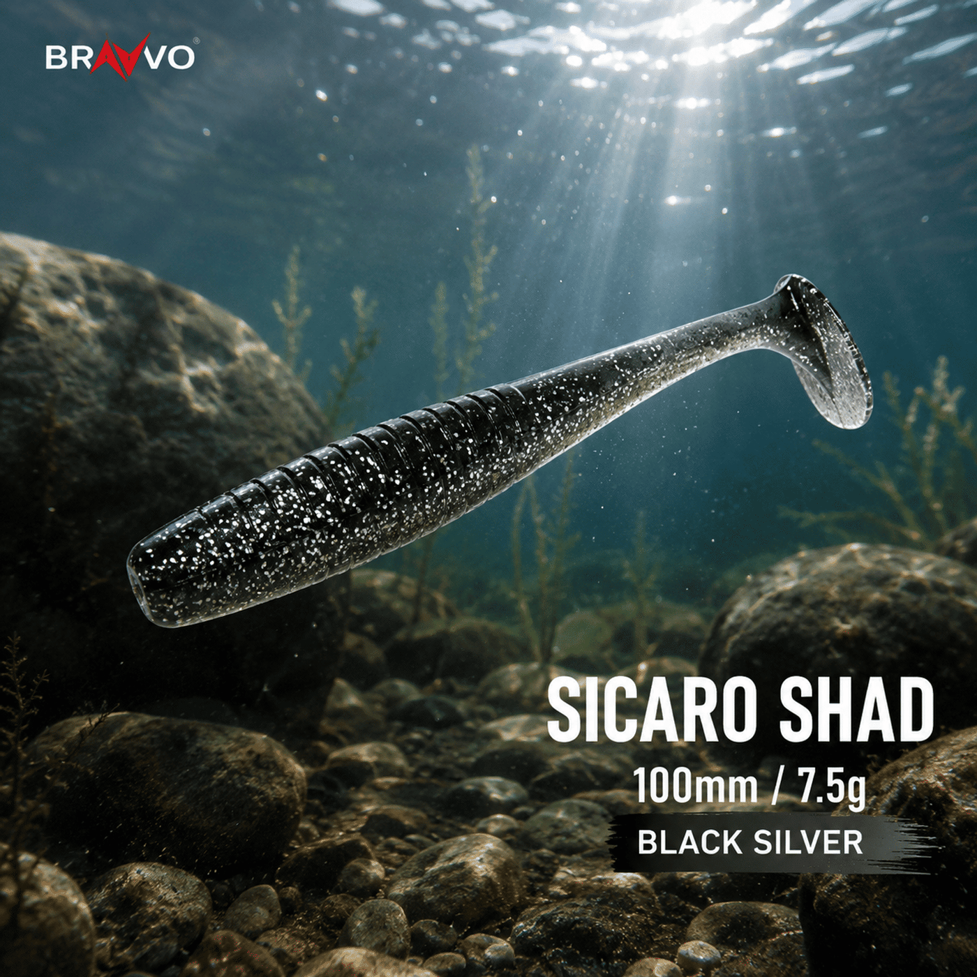 Bravvo Sicaro Shad 100mm 7.5g - Black Silver Glitter - Single Piece