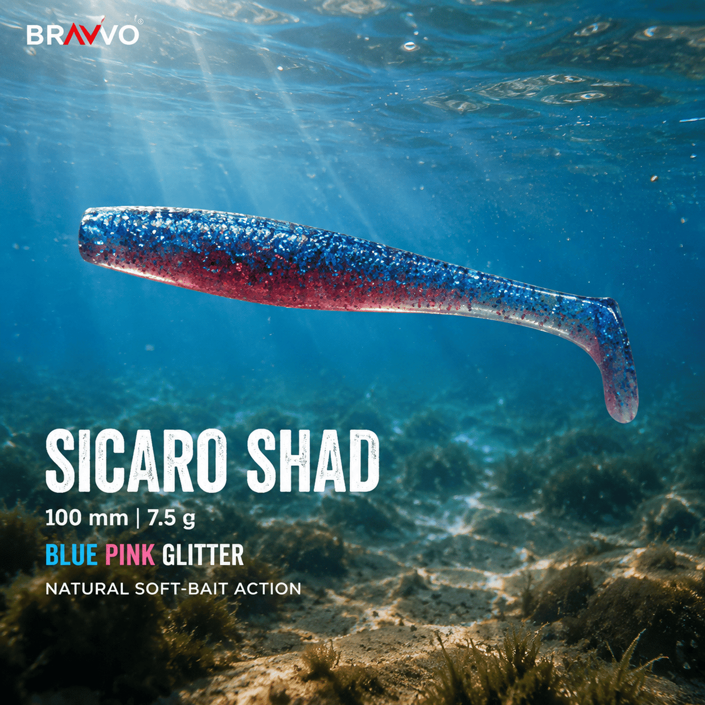 Bravvo Sicaro Shad 100mm 7.5g - Blue Pink Glitter - Single Piece