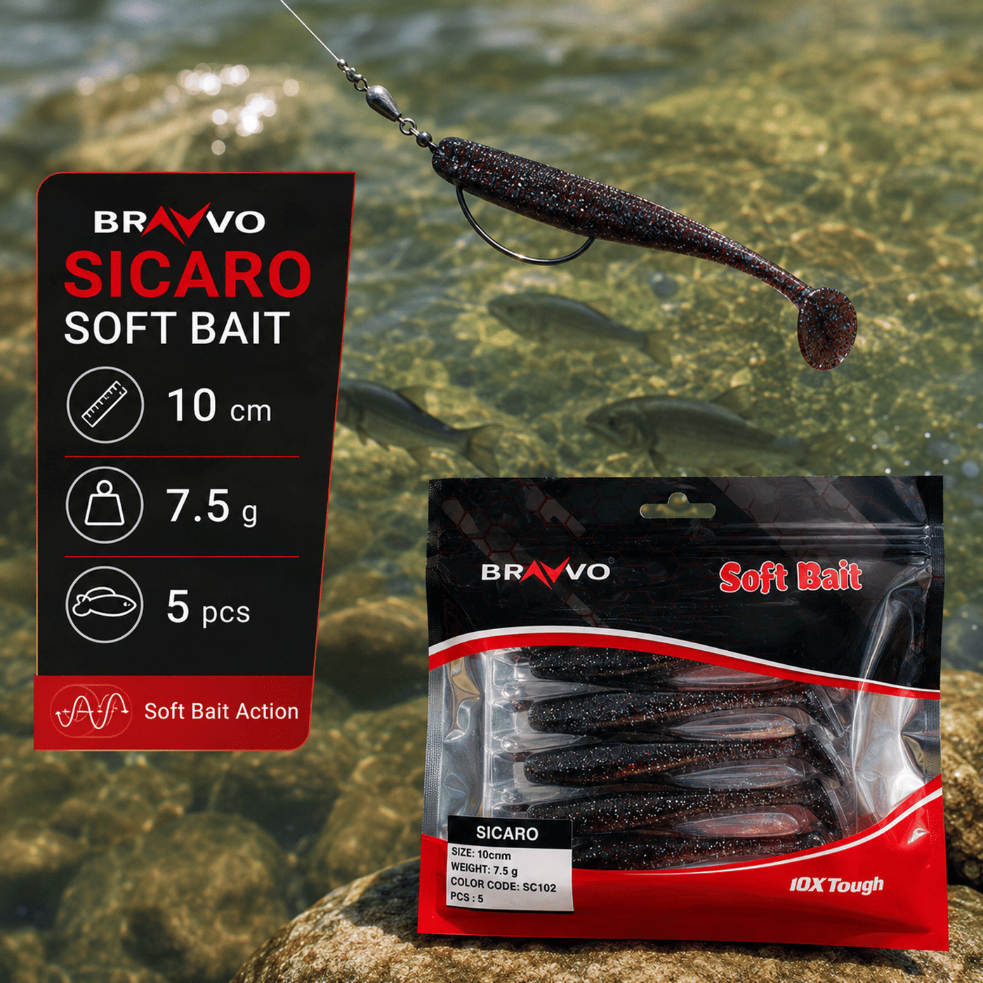 Bravvo Sicaro Soft Lure 100mm 7.5g - Black Silver Glitter - Single Piece