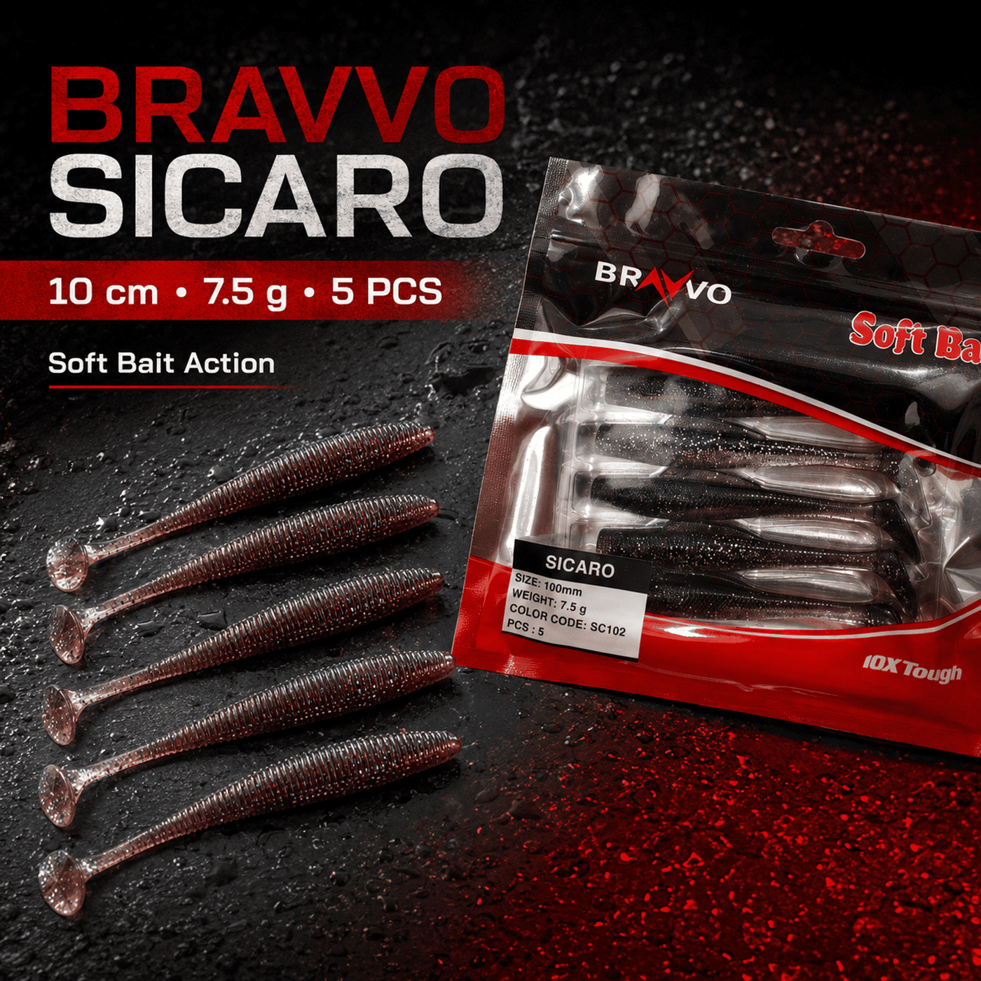 Bravvo Sicaro Soft Lure 100mm 7.5g - Black Silver Glitter - Single Piece