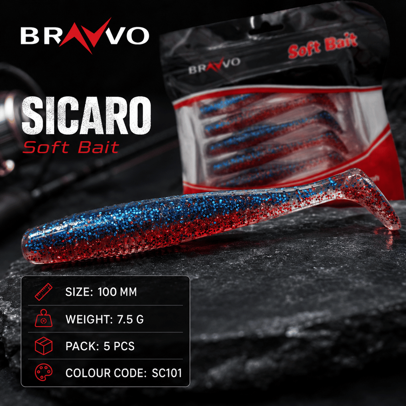Bravvo Sicaro Soft Lure 100mm 7.5g - Red Blue Glitter - Single Piece