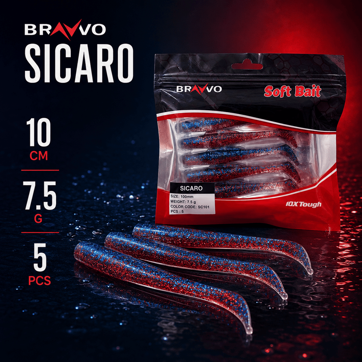 Bravvo Sicaro Soft Lure 100mm 7.5g - Red Blue Glitter - Single Piece