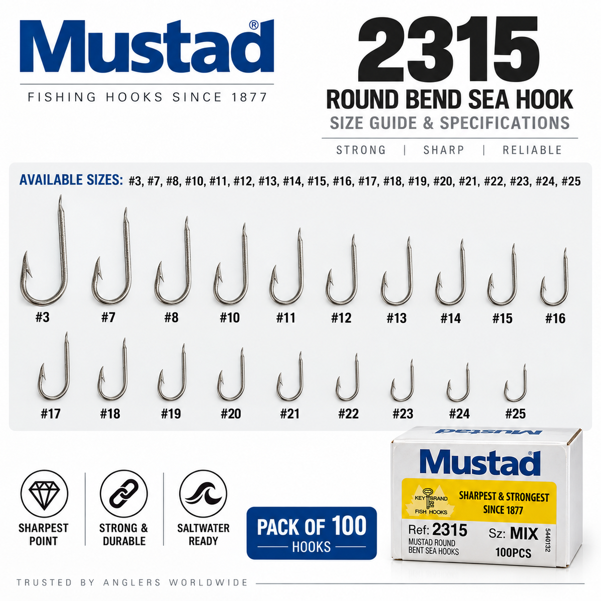 Mustad 2315 Round Bend Sea Single Hooks | Pack of 100