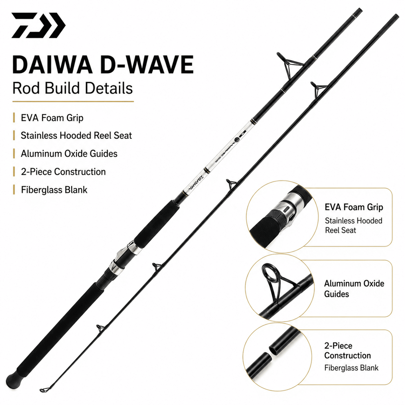 Daiwa D-Wave Saltwater Spinning Rod 7ft - 10ft MH 2 Piece Fiberglass Rod