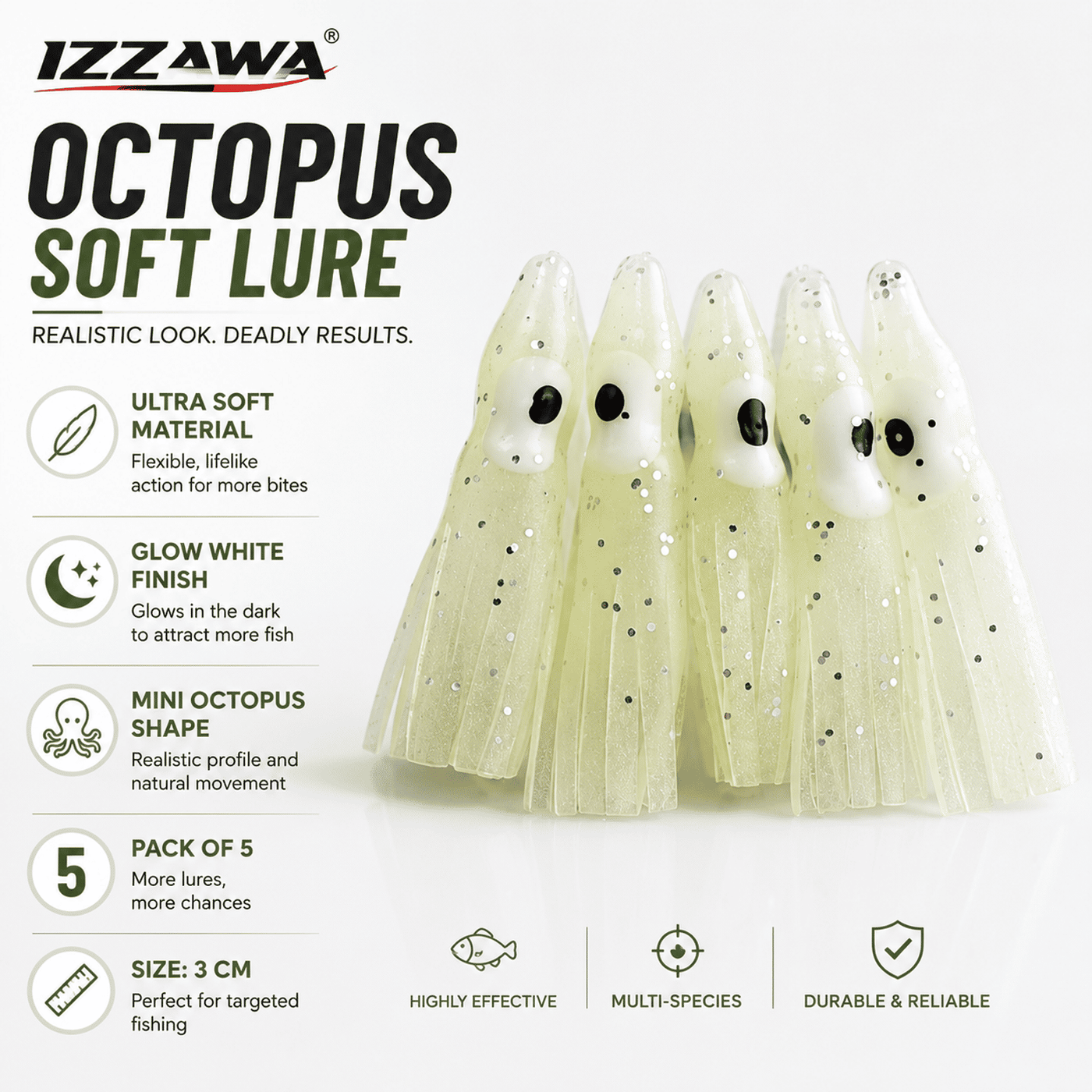 Izzawa Octopus Soft Lure 3cm - Glow White - Pack of 5