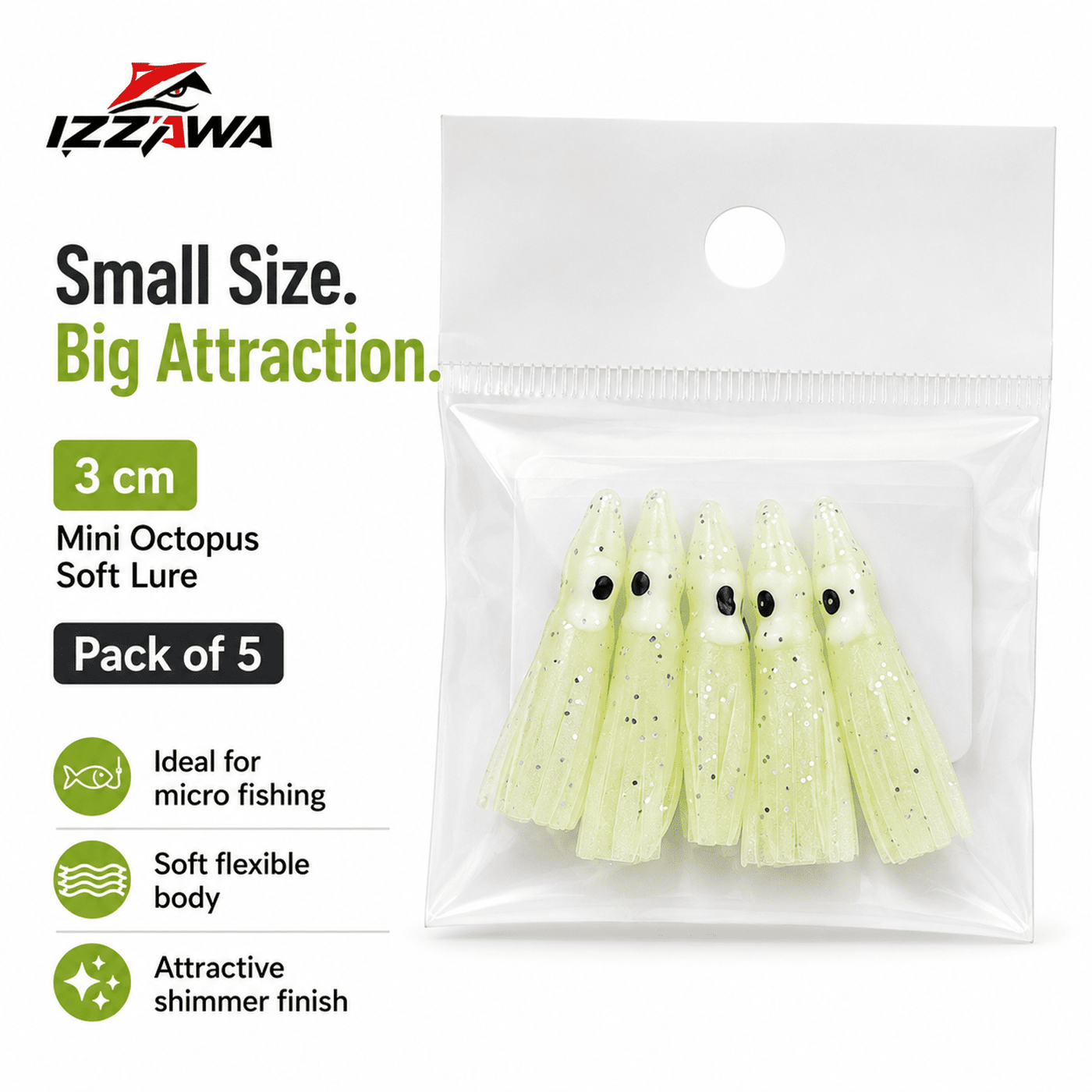 Izzawa Octopus Soft Lure 3cm - Glow White - Pack of 5