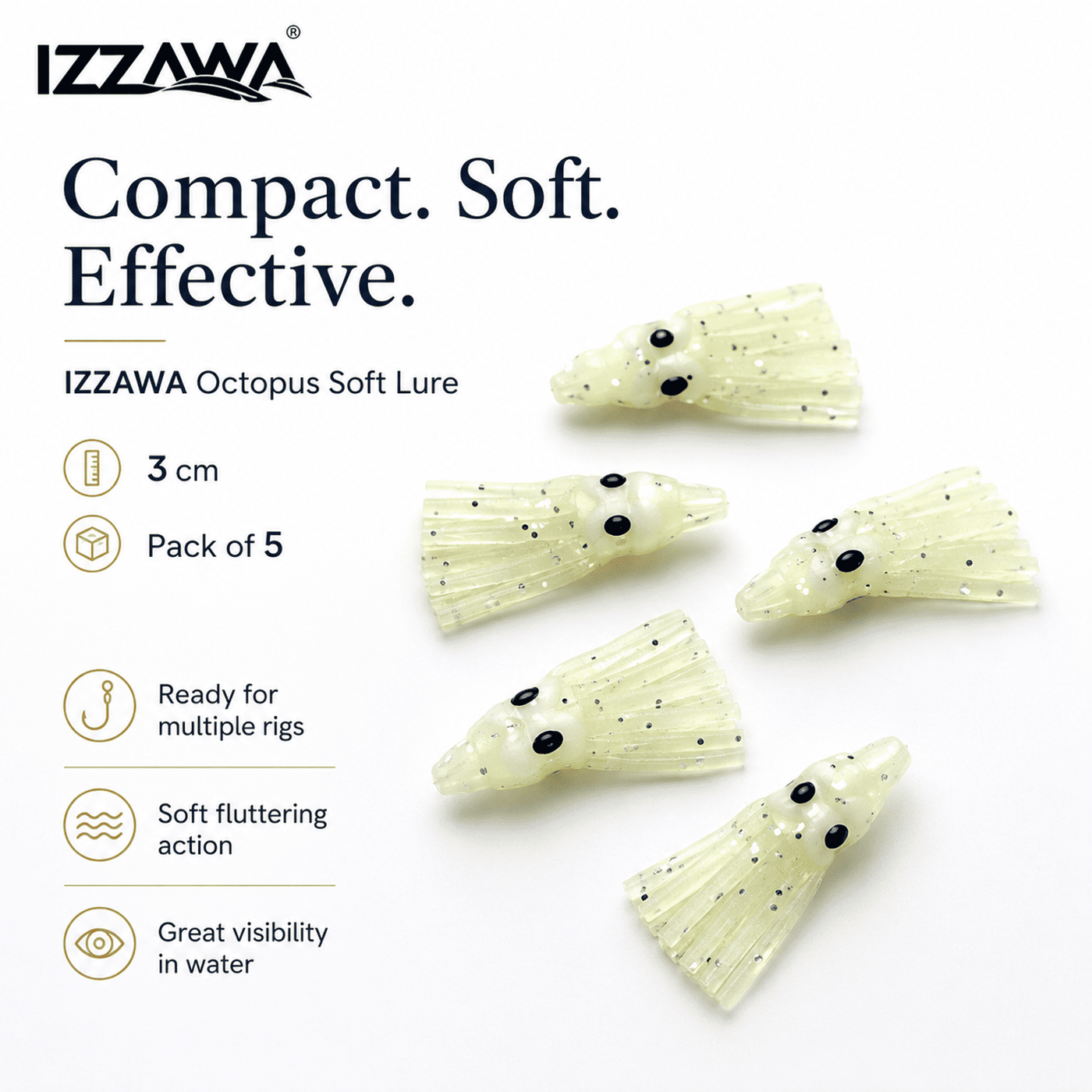 Izzawa Octopus Soft Lure 3cm - Glow White - Pack of 5