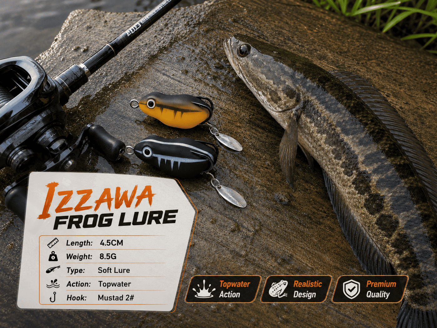 IZZAWA Predator Frog Lure | 2pc | Black-Brown | 4.5cm 8.5g | Topwater Soft Bait for Snakehead, Murrel & Bass
