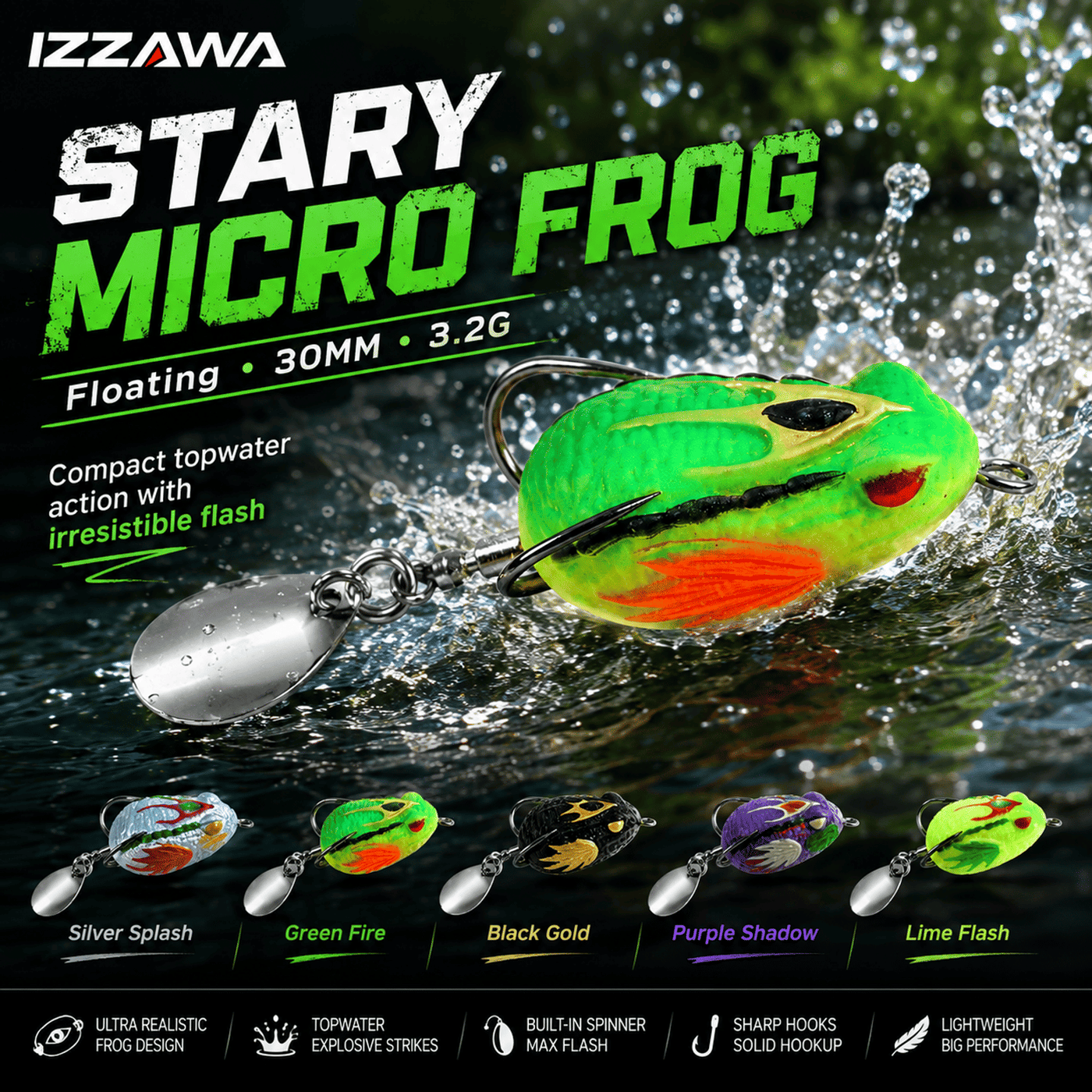 IZZAWA Stary Micro Frog Lure 30mm 3.2g - Lime Flash | Pack of 1