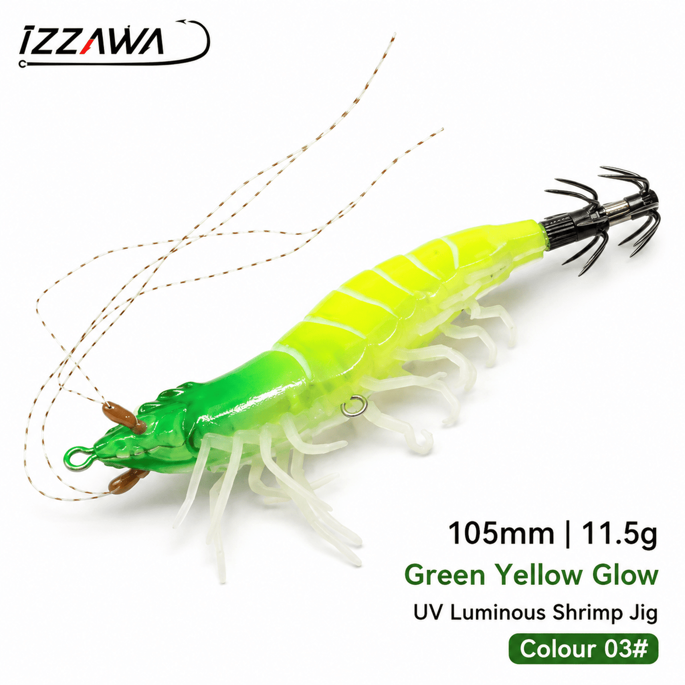 IZZAWA Luminous UV Shrimp Lure 105mm 11.5g Green Yellow Glow - Squid Jig Umbrella Hook