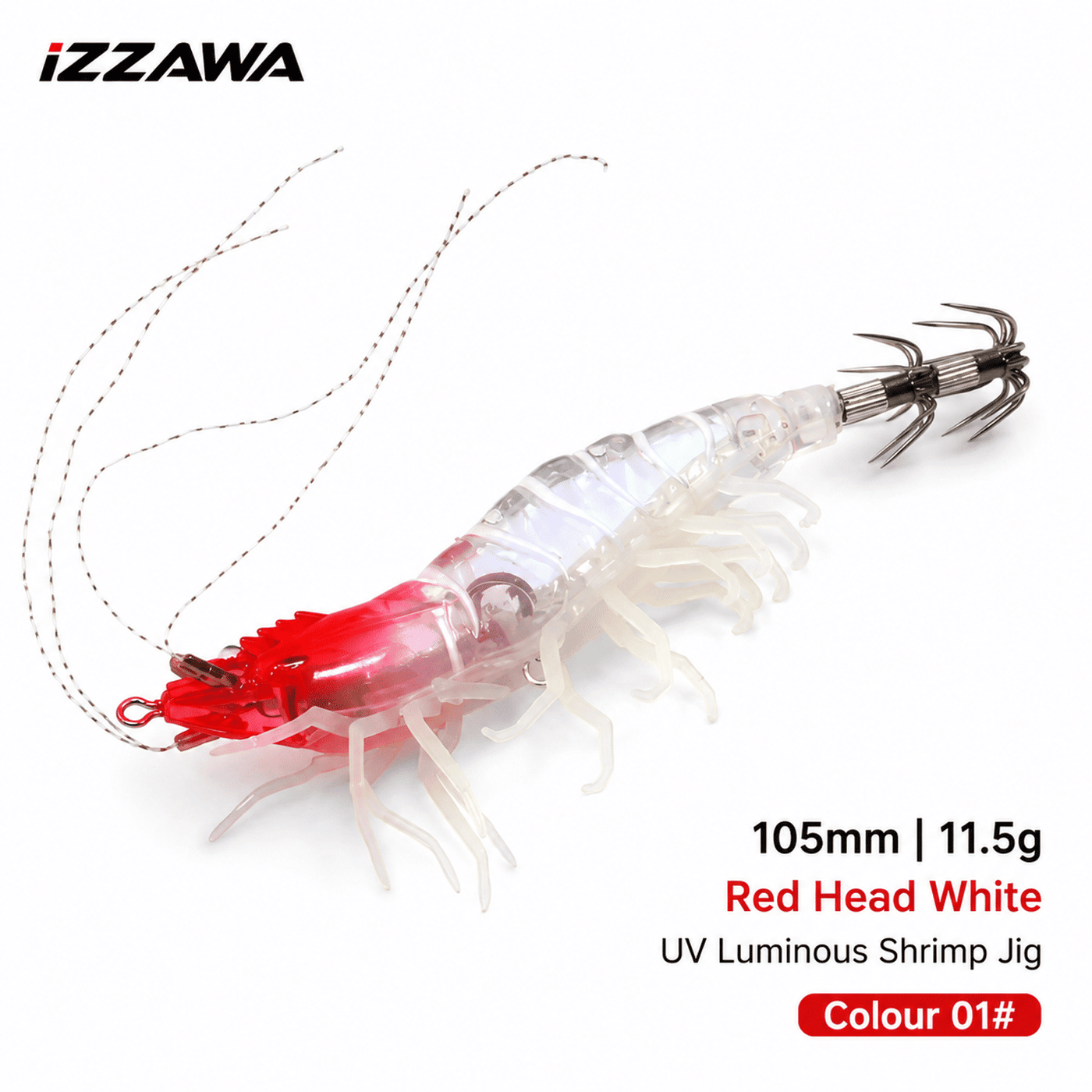 IZZAWA Luminous UV Shrimp Lure 105mm 11.5g Red Head White - Squid Jig Umbrella Hook
