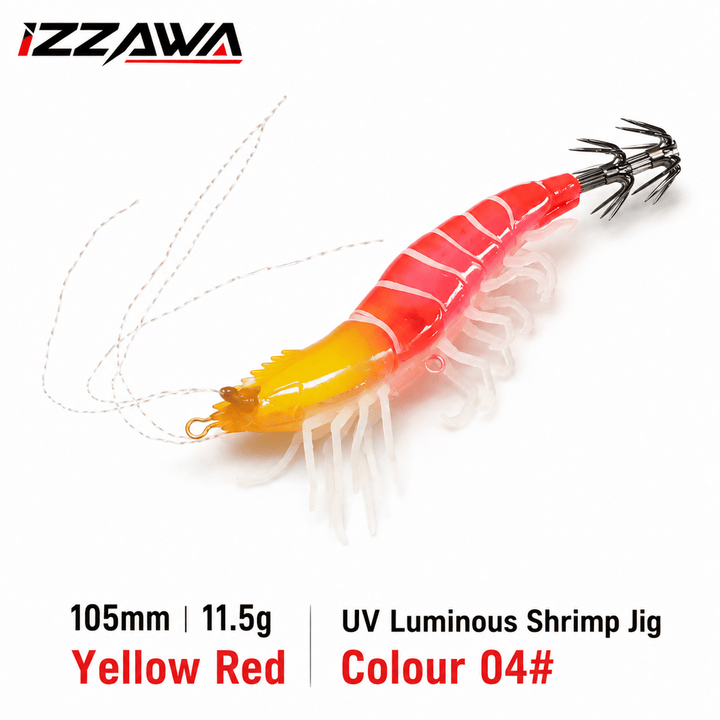 IZZAWA Luminous UV Shrimp Lure 105mm 11.5g Yellow Red - Squid Jig Umbrella Hook