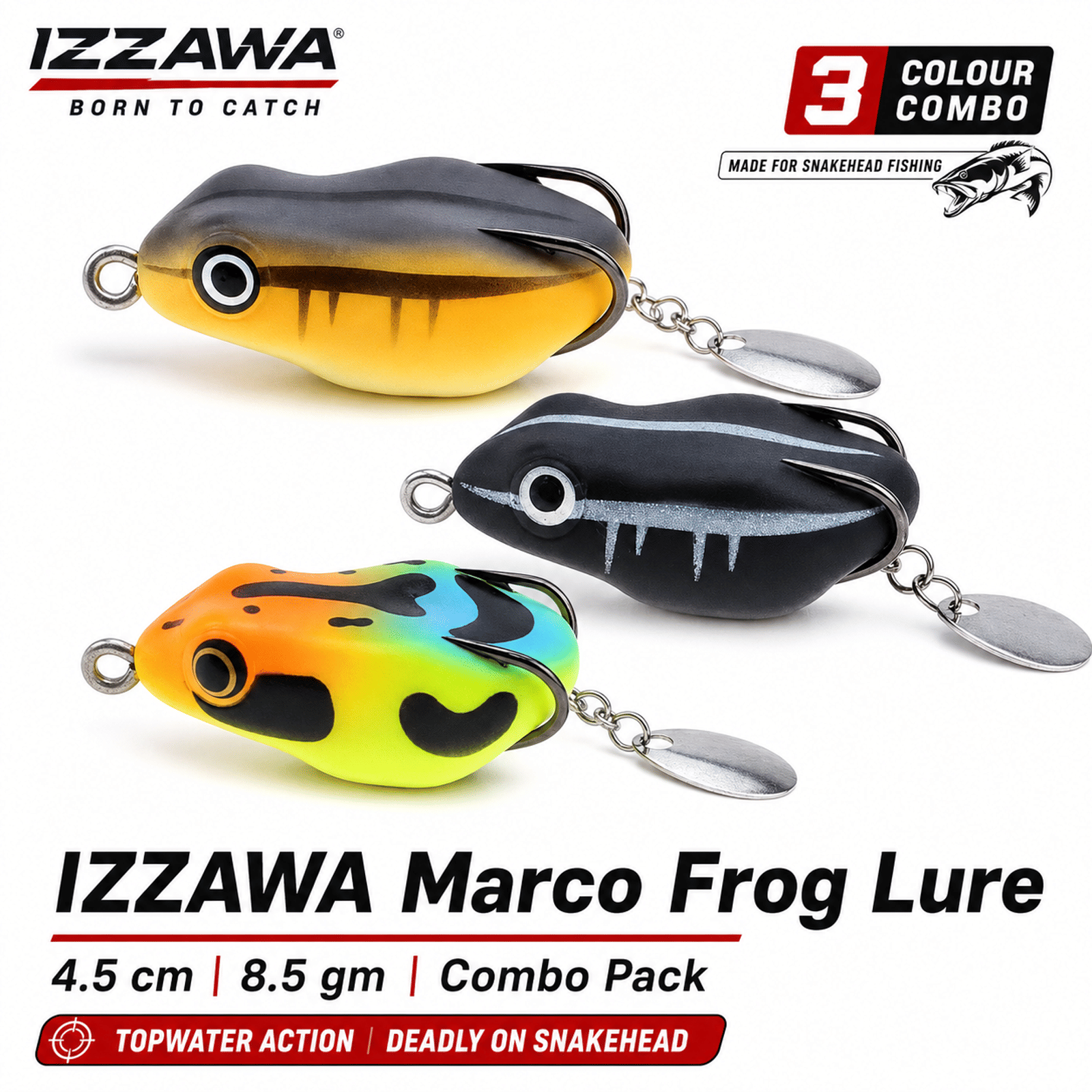 IZZAWA Marco Frog Lure Combo – 4.5cm 8.5g Pack of 3 for Snakehead Fishing