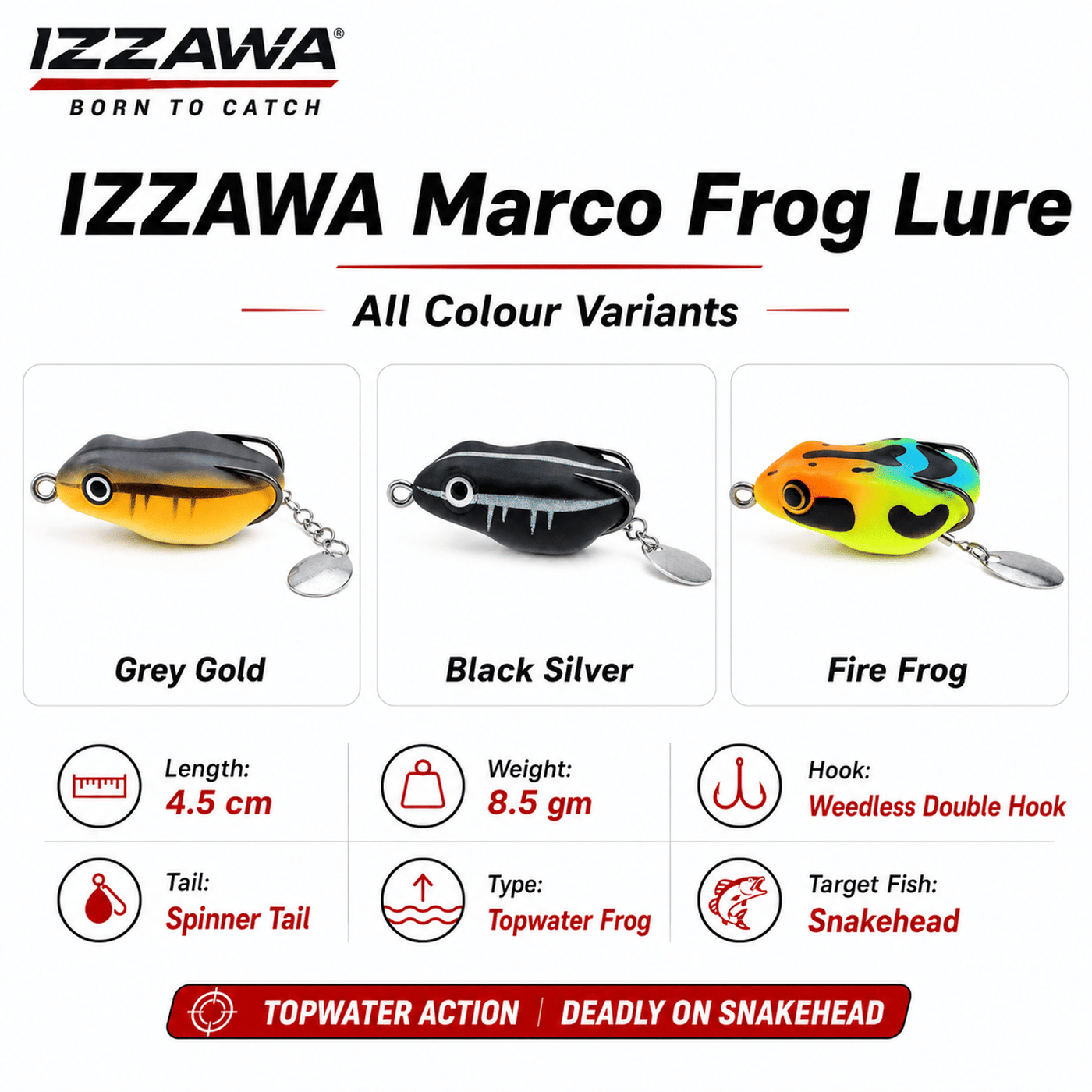 IZZAWA Marco Frog Lure Combo – 4.5cm 8.5g Pack of 3 for Snakehead Fishing