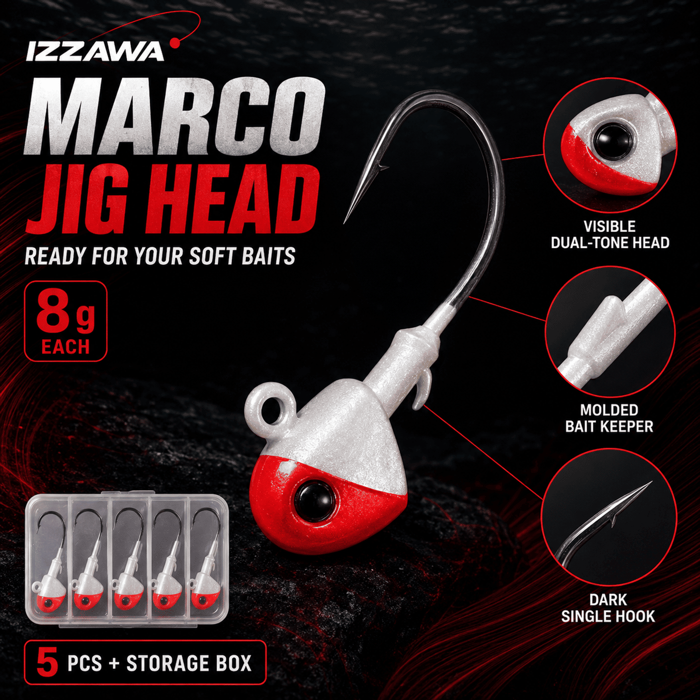 IZZAWA Marco Jig Head 8 g - Pack of 5 with Storage Box