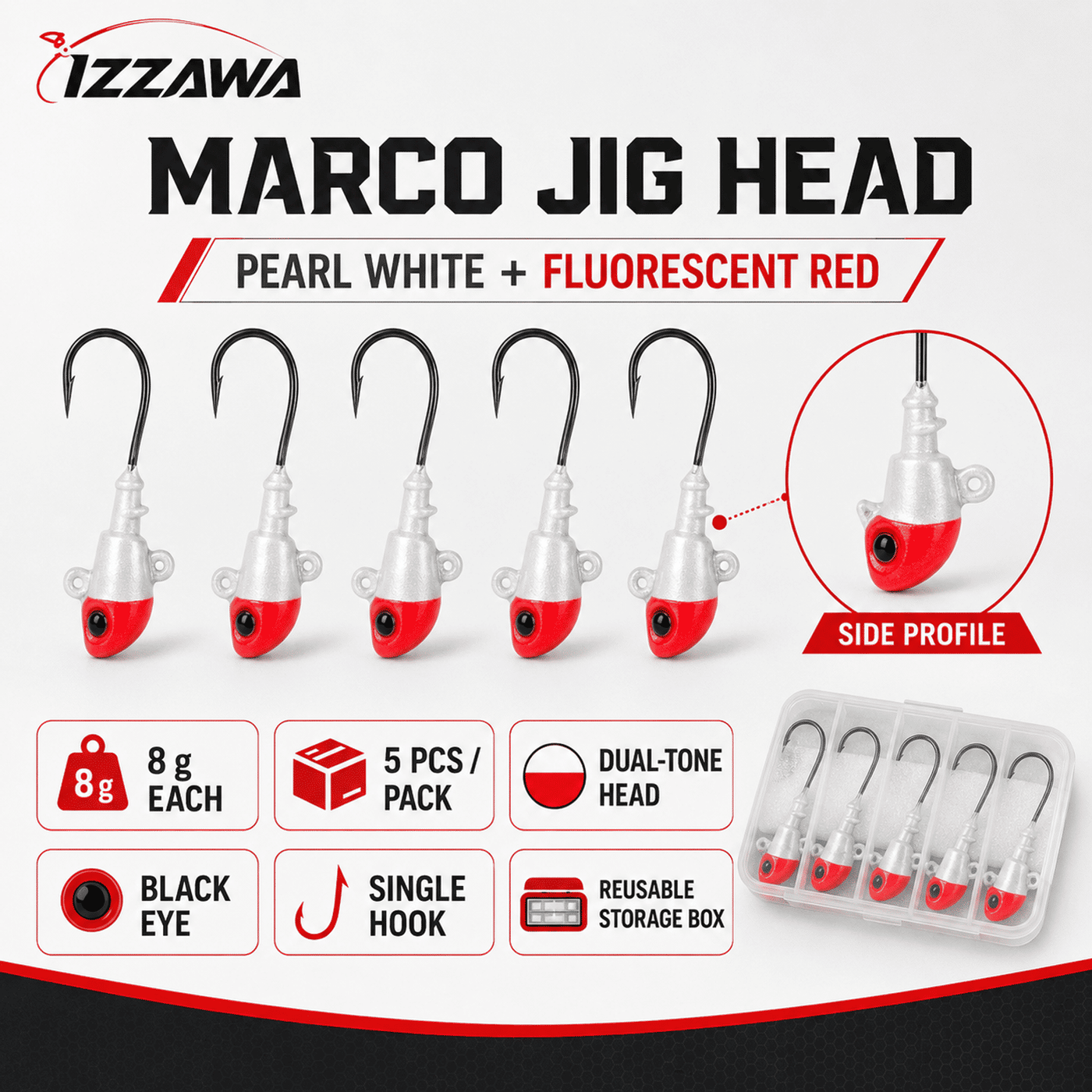 IZZAWA Marco Jig Head 8 g - Pack of 5 with Storage Box